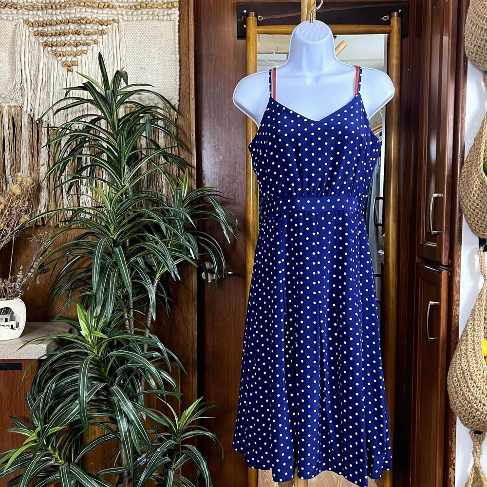 J.Crew 100% Silk Polka Dot Midi Dress Navy Fit Flare Pleated A-Line Lined Size 2